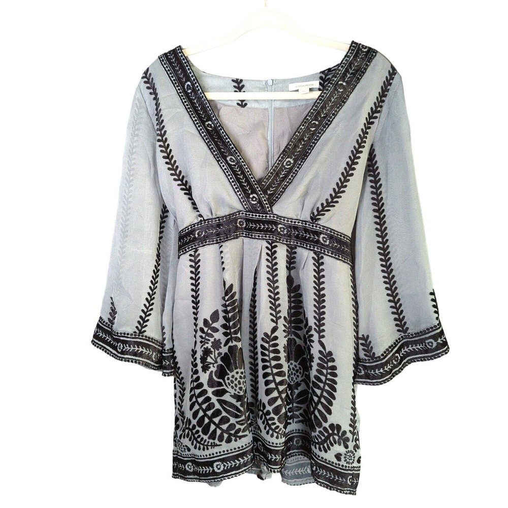 Boston Proper Blouse Womens S Gray Faux Wrap Tie‎ Sheer Sleeve